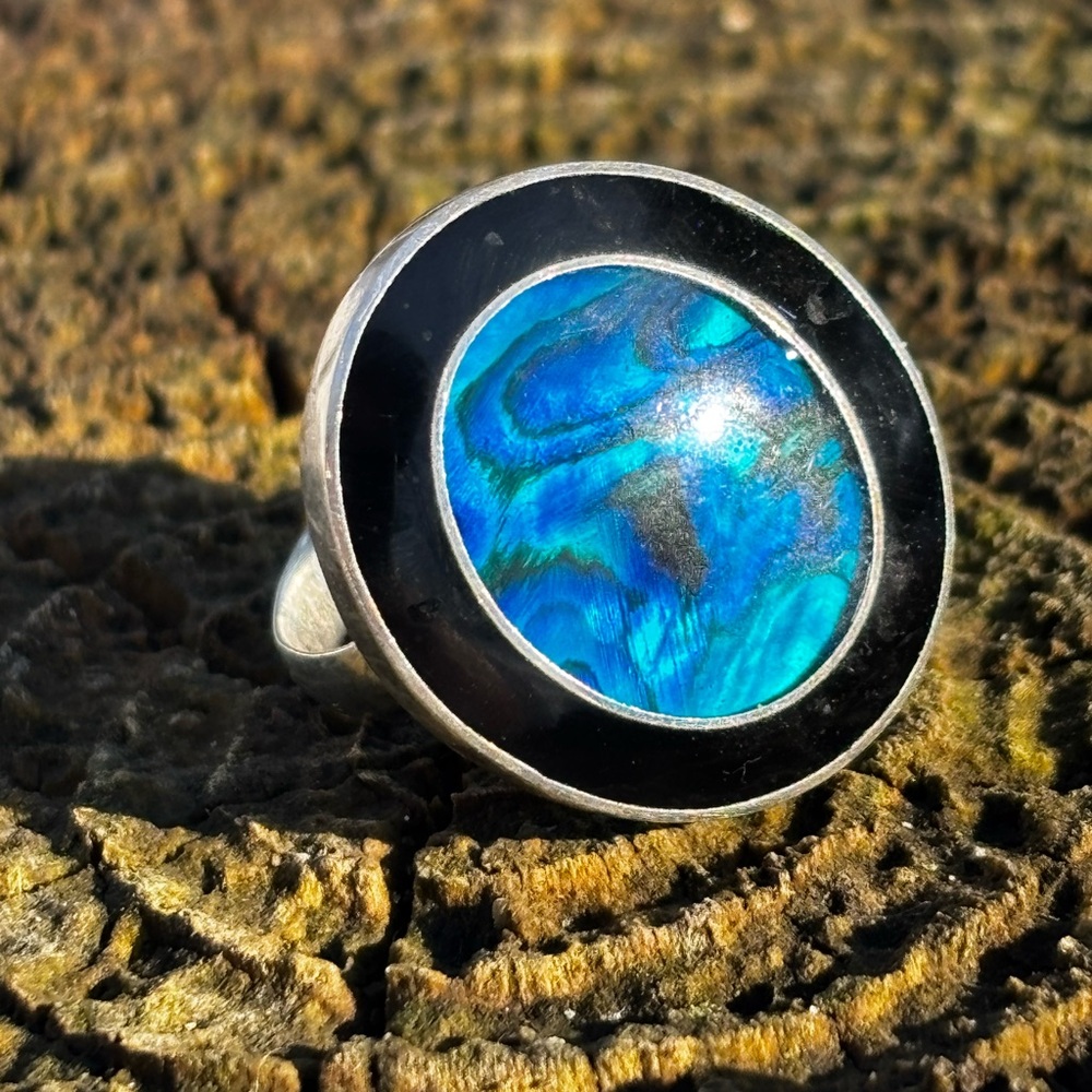 Silver Ring with Blue Abalone Shell and Black Enamel Inlay